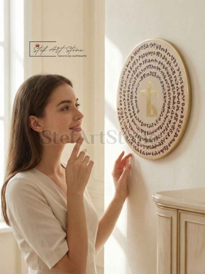 Енергийна картина с Глаголица, окачена на стена в модерен интериор.