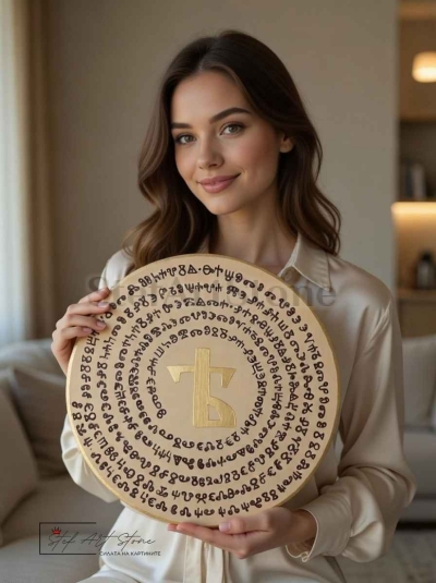 Жена държи ръчно рисувана картина с Глаголица и молитва, оригинален български подарък