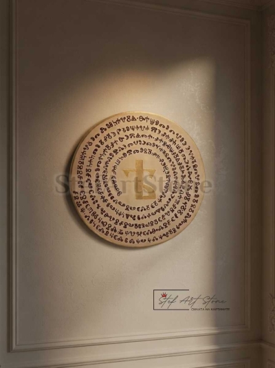 Дървена картина за стена с молитвата Отче наш на Глаголица и златна буква ЯТ в центъра