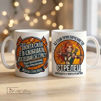 Чаша за жена Стрелец с кутия и надпис за свобода и приключения