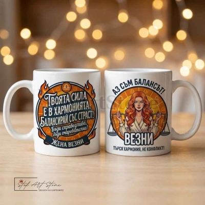 : Чаша за жена Везни с кутия и надпис за хармония и баланс