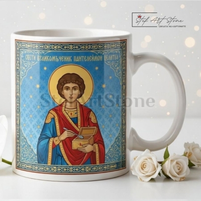 Чаша за подарък с икона на Свети Великомъченик Пантелеймон със сини орнаменти и кутия