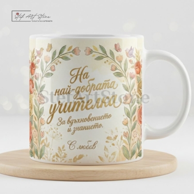 Чаша за подарък за най-добрата учителка с флорален дизайн и подаръчна кутия