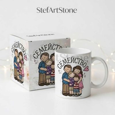 : Чаша за подарък за семейство с надпис и илюстрация с момиче и момче в подаръчна кутия