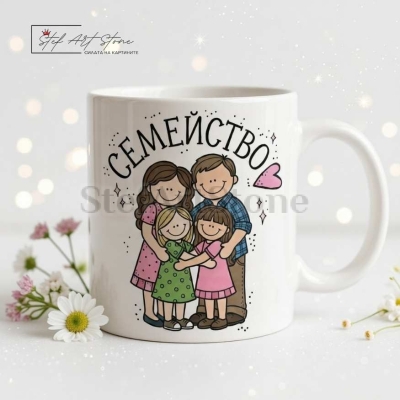 Чаша за подарък за семейство с надпис и илюстрация с две момичета в подаръчна кутия