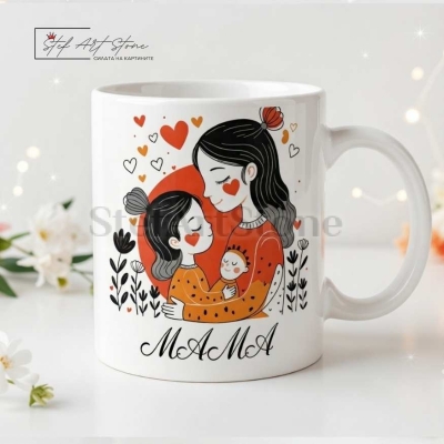 Чаша за подарък за мама с мотиви майка с деца и надпис мама в готова кутия