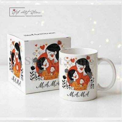 Чаша за подарък за мама с мотиви майка с деца и надпис мама в готова кутия