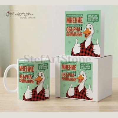 Подаръчен комплект включващ чаша кутия и картичка със забавен надпис за експертно мнение