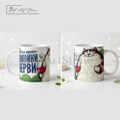 Чаша за подарък за приятелка с надпис коте и вино спокойни нерви