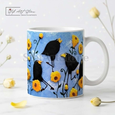 Арт чаша за подарък със забавен дизайн на весели врани и жълти цветя в кутия