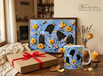 Подаръчен комплект с релефна картина за стена с птици и тематична арт чаша