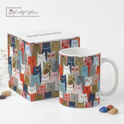 Арт чаша с котки в комплект с тематична подаръчна кутия готов подарък