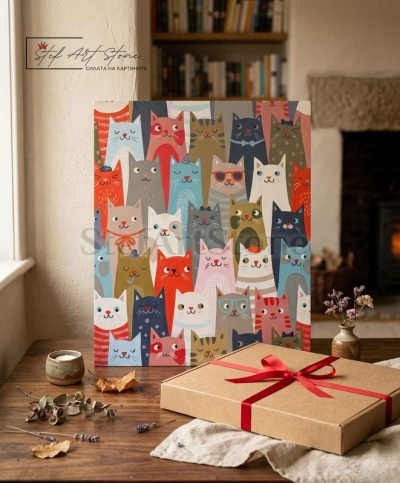 Картина с котки за подарък, поставена до луксозна подаръчна кутия с червена панделка