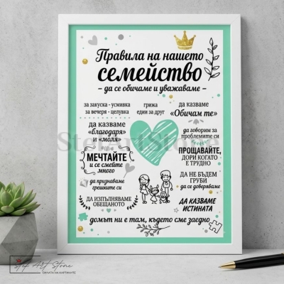 Красив постер за подарък в бяла рамка с вдъхновяващи надписи Правила на нашето семейство и нежни семейни мотиви със сърце