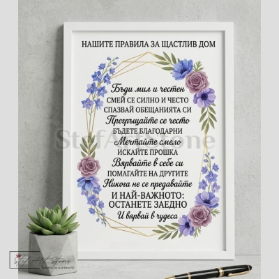 Красив постер за подарък в бяла рамка с нежен цветен венец и вдъхновяващ надпис Нашите правила за щастлив дом