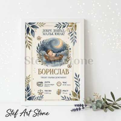 Персонализирана рамка постер за бебешка визитка с илюстрация на спящо бебе момче в лодка под луната и надпис Добре дошъл малък юнак