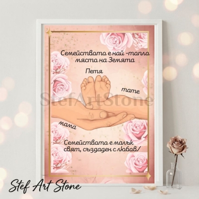 Персонализиран постер за подарък в бяла рамка с илюстрация на родителски ръце държащи бебешки крачета на розов фон с рози и имена Петя мама тате