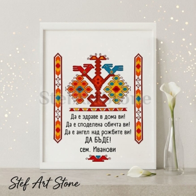 Персонализиран постер за подарък в бяла рамка с традиционна българска шевица с птици и благословия за дома Да е здраве в дома ви с име сем Иванови