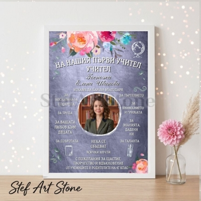 Персонализиран постер за подарък за първи учител в бяла рамка с дизайн на класна дъска, цветя, снимка в центъра и благодарствени надписи от учениците на 4 Г клас