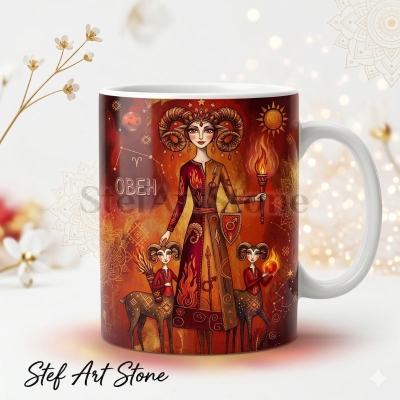Художествена керамична чаша зодия Овен – серия Богини на Зодиака StefArt Stone 