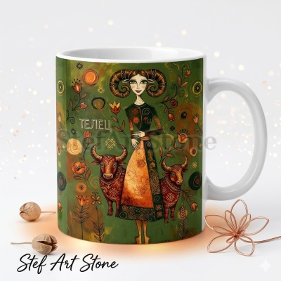 Художествена керамична чаша зодия Телец – серия Богини на Зодиака StefArt Stone 