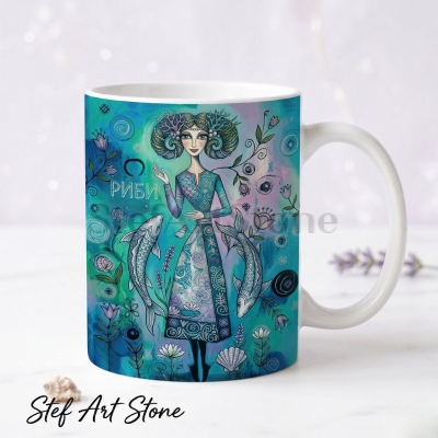 : Художествена керамична чаша зодия Риби – богиня с корала корона и люспи по роклята, две риби и морски цветя в тюркоазено-лилава палитра, серия Богини на Зодиака, StefArt Stone