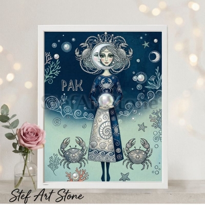 Мистична арт картина постер в рамка на зодия Рак с морски мотиви, луна и перли, оригинален подарък за рожден ден от StefArt Stone