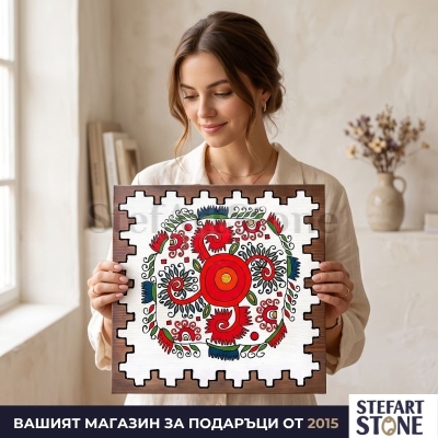 Ръчно рисувана картина със соларен символ „Огнен Кръговрат“, показана в ръце за мащаб