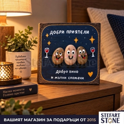 Картина за приятели „Добро вино и мътни спомени“ поставена върху шкаф в домашен интериор