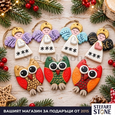 Комплект 7 коледни орнамента от глина – 4 ангелчета и 3 бухала