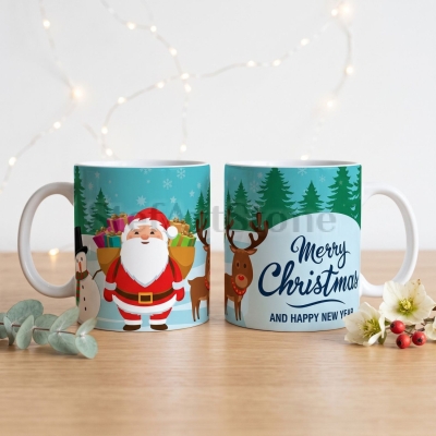 Два изгледа на една коледна чаша с Дядо Коледа, елен и надпис Merry Christmas