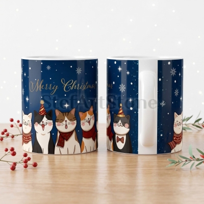 Два изгледа на една коледна чаша с котки, снежинки и надпис Merry Christmas