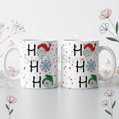 Два изгледа на една коледна чаша HO HO HO с Дядо Коледа, снежинка и снежен човек