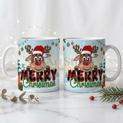 Два изгледа на една коледна чаша Merry Christmas с еленче и зимен дизайн